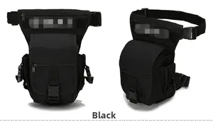 Detailed macro view of black tactical leg bag with nylon compartments and velcro panel