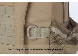 Tactical backpack detail with durable D-ring buckle and side mesh pocket for outdoor gear
