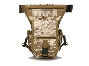 Detailed front view of tactical camo drop leg bag with multi-pocket and buckle straps