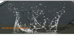Close-up of 800D high-density waterproof nylon fabric with clear water droplets
