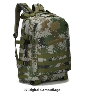 Side view of large tactical hiking backpack showing 07 digital camouflage pattern and MOLLE system