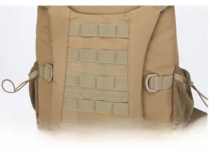 Detail of khaki tactical backpack featuring MOLLE webbing system and breathable mesh pocket