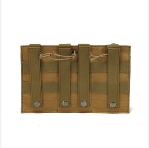 Coyote brown tactical triple magazine pouch with MOLLE straps and elastic drawstrings