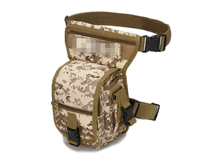 Macro detail of desert camo tactical leg bag showing high-density nylon and buckles