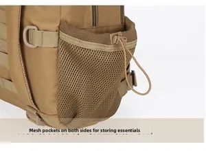 Detail of khaki tactical backpack featuring side mesh pocket and elastic drawstring toggle