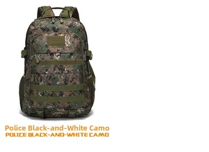 Close-up of tactical backpack featuring digital camouflage pattern and MOLLE system straps