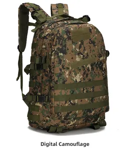 Close-up of tactical backpack in jungle digital camo with MOLLE webbing and durable fabric