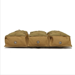 Coyote brown tactical MOLLE triple magazine pouch with drainage eyelets on white background