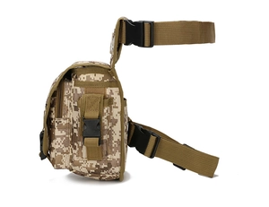 Detail view of desert digital camo tactical leg bag showing multi-pocket design and buckles
