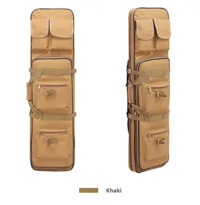 Detailed view of the khaki tactical gear bag with multiple pouches and reinforced straps