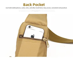 Detailed back view of khaki canvas sling bag showing anti-theft zipper pocket for phones