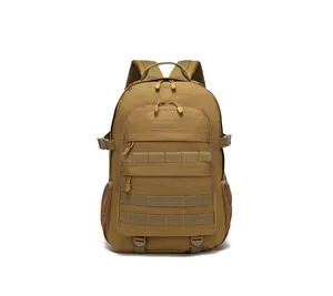 Front view of tan tactical backpack featuring MOLLE webbing system and durable nylon fabric