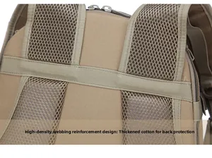 Detail of ergonomic breathable mesh back and reinforced high-density webbing straps