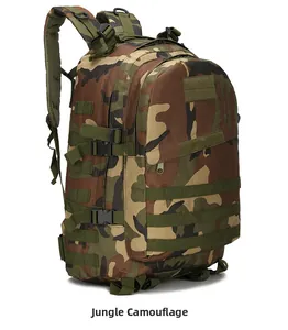 Detail of jungle camouflage tactical backpack with MOLLE system and adjustable side buckles