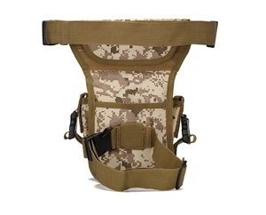 Detailed desert digital camo tactical leg bag with adjustable straps and side pouch