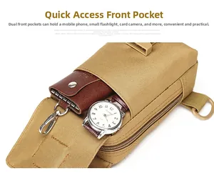 Detail view of khaki tactical sling bag with dual front pockets for organizing gear