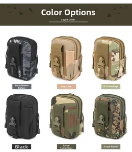 Detailed view of tactical belt pouch collection in six diverse camouflage color options