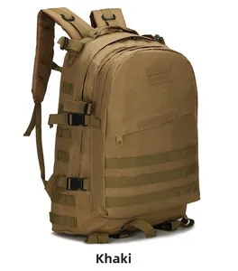 Detail view of khaki tactical backpack featuring MOLLE webbing and velcro patches