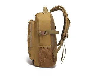 Tactical khaki backpack detail showing breathable mesh back system and side mesh pockets