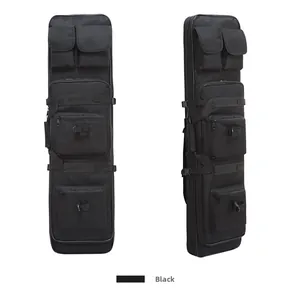Detailed macro view of black nylon tactical fishing bag showing durable pockets and straps