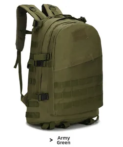 Close-up of army green tactical backpack showing MOLLE webbing and side buckle details