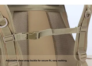 Detail of adjustable chest strap buckle on khaki tactical backpack for secure outdoor hiking