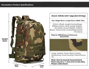 Infographic showing 800D waterproof oxford tactical backpack dimensions and specifications