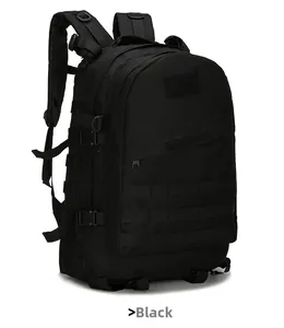 Detail of black tactical hiking backpack featuring MOLLE webbing system and side buckles