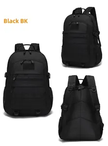 Detailed views of black tactical hiking backpack featuring MOLLE system and ergonomic straps