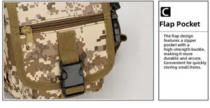 Detail of desert camo tactical leg bag featuring heavy-duty buckle and zipper pocket