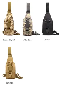 Tactical outdoor crossbody sling bags in desert camo, ACU, black and khaki nylon colors