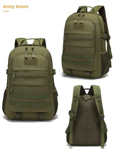 Detailed front, side and back views of army green tactical backpack with MOLLE webbing