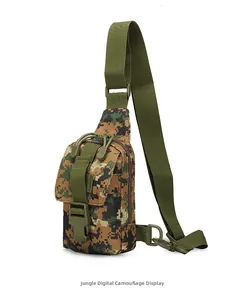 Detail of woodland digital camouflage tactical sling bag with buckle and strap