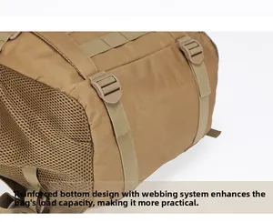 Close-up of tactical backpack reinforced bottom with MOLLE webbing and durable buckle