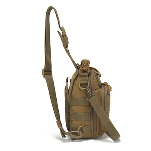 Tan tactical sling bag with MOLLE system and breathable mesh back for outdoor sports