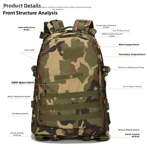 Detail view of 800D nylon tactical backpack showing MOLLE system and hydration port