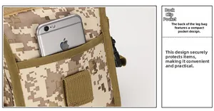 Detail of the tactical drop leg bag showing a rear pocket for secure smartphone storage