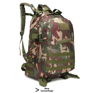 Detailed view of the tactical backpack in new camouflage with MOLLE webbing and buckles