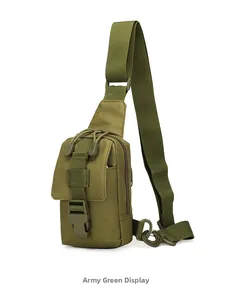 Detail of army green tactical sling bag featuring MOLLE system and buckle closure