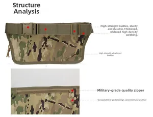 Detailweergave van camouflage tactische heuptas met stevige riemen en verborgen zak