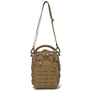 Tactical military shoulder bag in khaki nylon with laser-cut MOLLE system and paracord handle