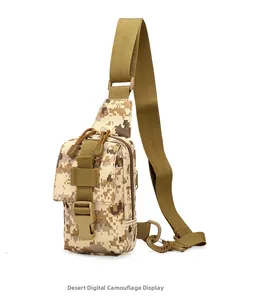 Detail view of the desert digital camo tactical chest bag with heavy-duty buckles and D-ring