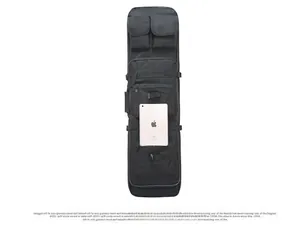 Size comparison of a 120cm black tactical fishing bag with a tablet on white background