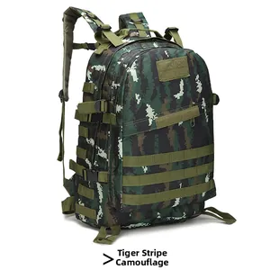 Tactical hiking backpack detail showing tiger stripe camo and MOLLE webbing system