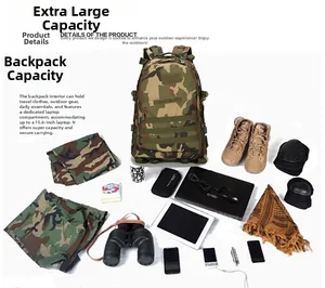 Macro view of jungle camo tactical backpack showing its large storage capacity for gear