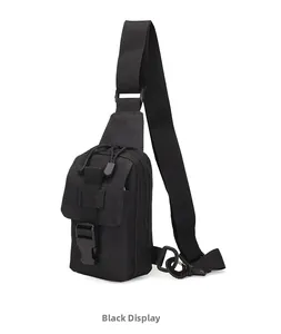 Close-up of black tactical chest bag with durable nylon texture and buckle detail