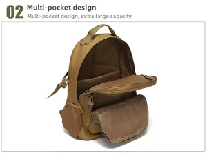 Detail view of khaki tactical backpack featuring multi-pocket design and large storage capacity