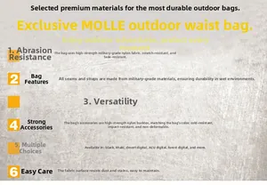 Detailed specifications of the waterproof 900D tactical waist bag in various camo patterns