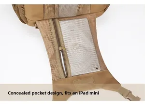 Internal mesh zipper pocket of khaki tactical backpack fitting an iPad mini tablet