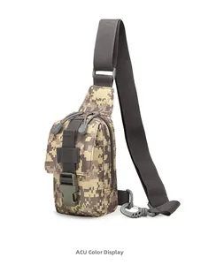 Close-up of ACU digital camo tactical chest bag with heavy-duty buckle and swivel hook